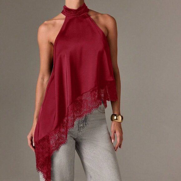 Burgundy elegant Women's Sleeveless High Neck Lace Trim Asymmetric Satin Top - Picture 4 of 5